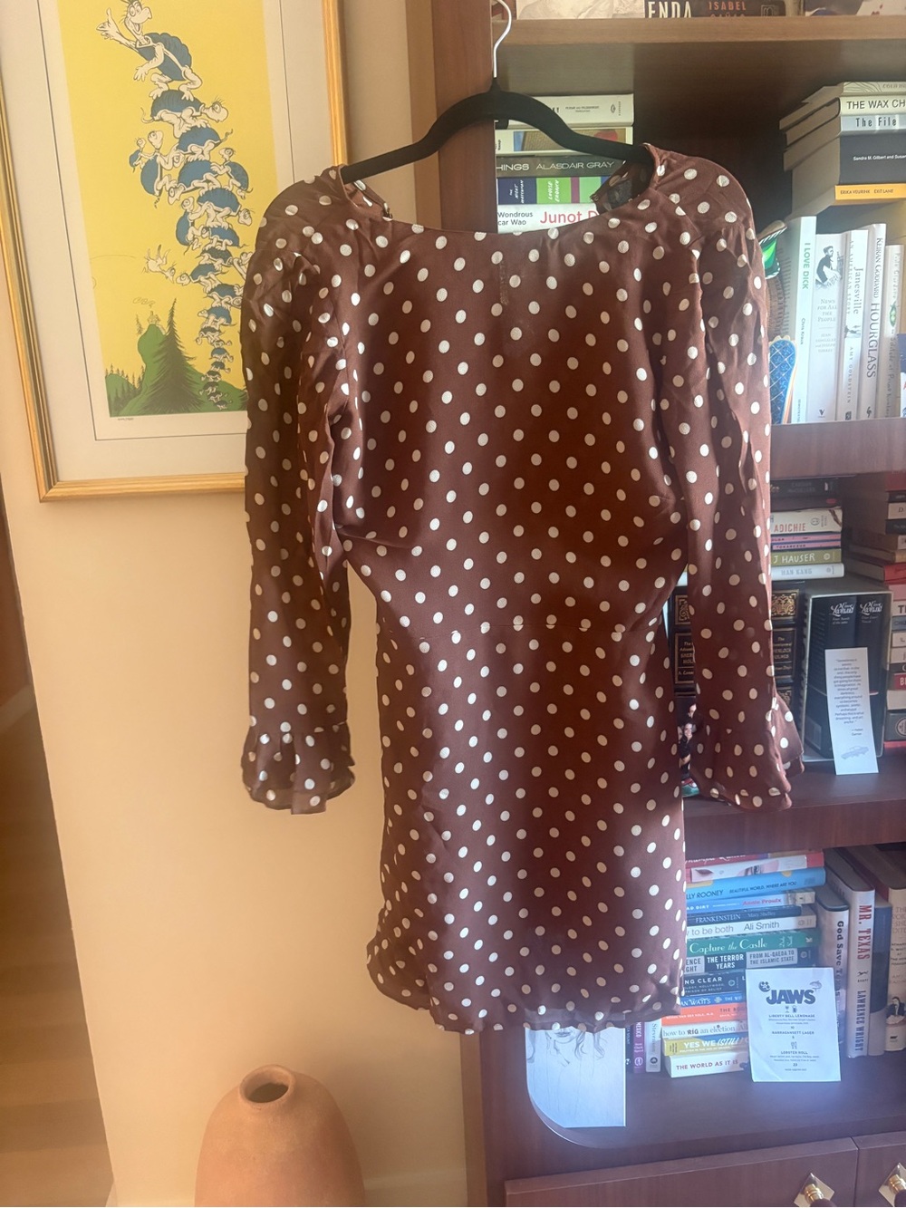 Reformation Finch Dress Brown White Polka Dot Long Sleeve Mini Sz 6